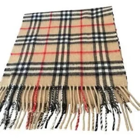 Burberry 100% Cashmere Classic Plaid Fringe Scarf Tan Black Red great condition - Picture 13 of 13